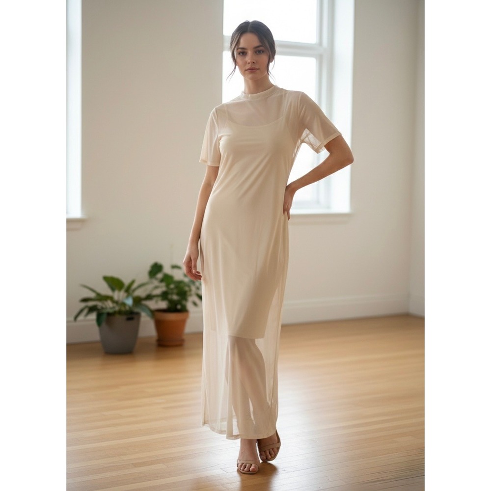 Hyfve Beige Sheer Mesh Mock Neck Maxi Dress Short‎ Sleeve Nude Layered Small